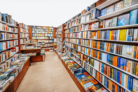 Inviting bookstore interior showcases shelves brimming with diverse books, creating a warm ambiance...