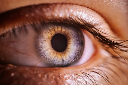 Detailed close-up of a human eye, revealing the unique patterns of the iris and pupil, surrounded by...