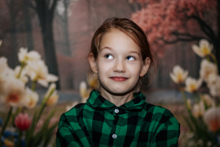 Playful young girl with light brown hair in a green plaid shirt is smiling amidst colorful flowers,...