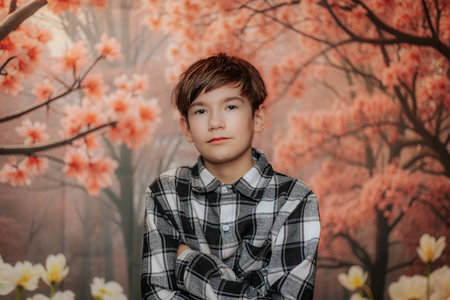 Boy in checkered shirt poses with arms crossed against a colorful floral background, creating a calm...