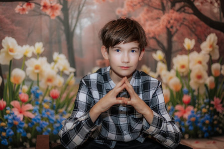 Boy with brown hair, dressed in checkered shirt, poses with hands clasped in front of colorful...
