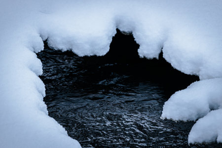 Winter landscape features a dark water pool framed by soft white snow, showcasing the peaceful...