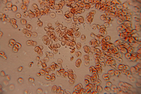 Close-up of red blood cells under a microscope, highlighting their distinct circular forms and intricate textures, representing the wonders of human biology and cellular lifeの写真素材