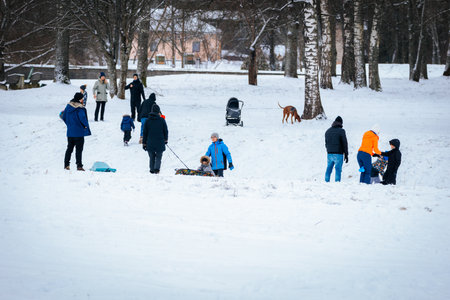 Valmiera, Latvia - January 02, 2026: Families are engaging in winter fun, with children playing in the snow and adults enjoying the chilly day in a parkのeditorial素材