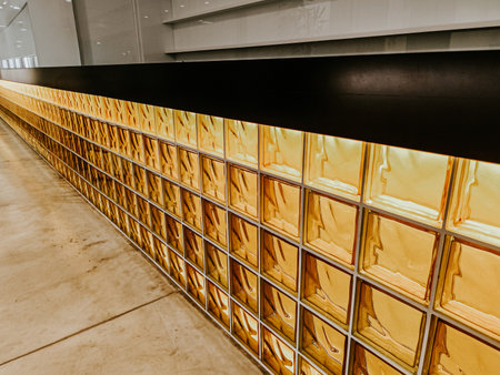 Modern interior showcases a wall of illuminated glass blocks, providing a warm ambiance in a contemporary setting with polished concrete flooringの写真素材