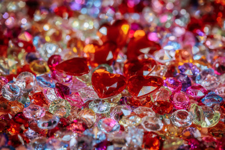 Assorted sparkling gemstones with red heart-shaped crystals among clear and colored gems on a vibrant background, creating a visually appealing display with copy spaceの写真素材