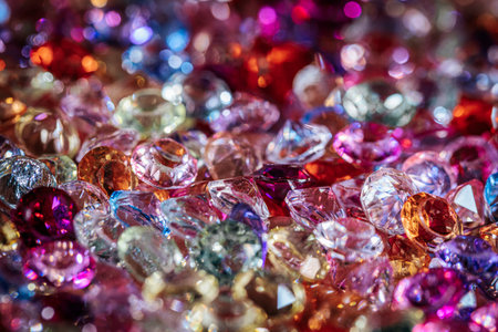 Assorted sparkling gemstones and crystals in various colors and shapes, reflecting light and...