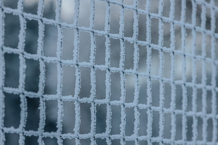 Frosted netting displays delicate ice crystals against a blurred winter backdrop, highlighting the intricate patterns formed by cold temperatures and moistureの写真素材