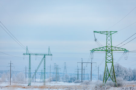Transmission towers and power lines stand in a snowy field, surrounded by frost-covered trees and a...