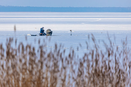 Fisherman in blue attire navigates a motorboat on a frozen lake, surrounded by reeds and distant trees under a clear blue skyのeditorial素材