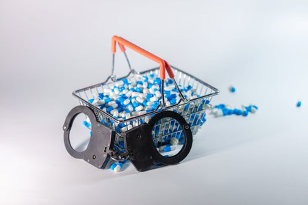 Shopping basket containing blue and white capsules locked with handcuffs, set against a light background, illustrating themes of legality and substance controlの写真素材