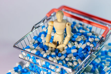 Wooden figure positioned in a shopping cart overflowing with blue and white capsules, set against a soft light background creating a striking visual contrastの写真素材