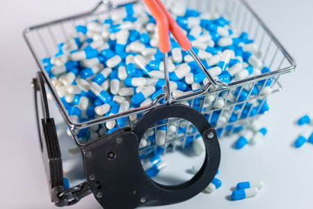 Metal basket contains numerous blue and white capsules with handcuffs placed nearby on a white background, illustrating a juxtaposition of health and legal themesの写真素材