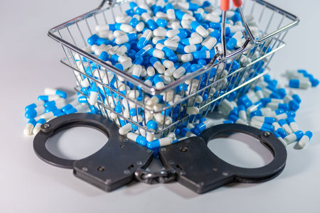 Handcuffs are positioned on a white surface next to a wire basket filled with blue and white capsules, with additional capsules scattered nearbyの写真素材