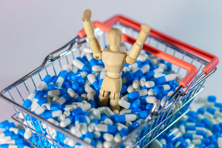 Wooden figure with arms raised is surrounded by blue and white capsules in a shopping cart, illustrating a whimsical take on health and wellness themesの写真素材