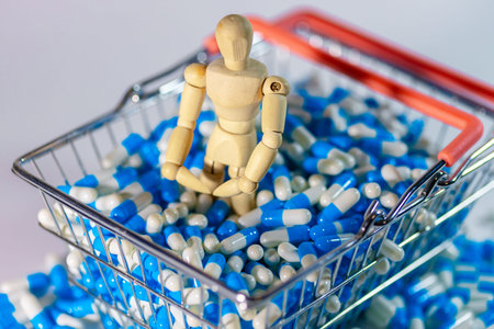 Wooden figure sits in a shopping basket overflowing with blue and white capsules, emphasizing the unique arrangement and vibrant colors of the sceneの写真素材