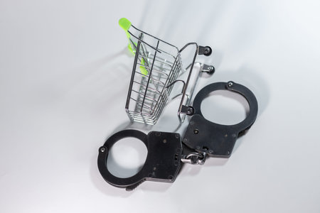 Metal handcuffs are positioned next to a small shopping cart featuring a green handle on a white background, representing contrasting themes of law and shoppingの写真素材