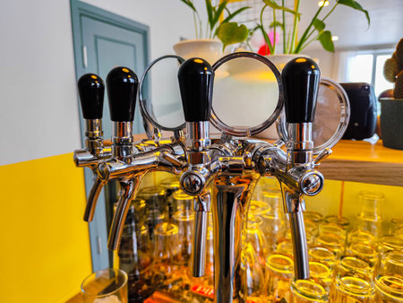 Balvi, Latvia - February 22, 2026: Chrome beer tap system featuring multiple handles and glass elements on a wooden bar counter with plants in the backgroundの写真素材