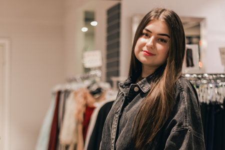 Young woman with long dark hair stands in a clothing store, wearing a black denim jacket, surrounded...