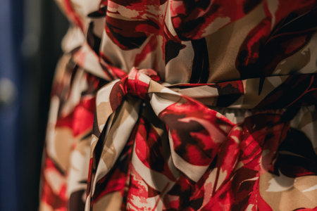 Close-up view of a floral dress with red and beige patterns, highlighting the tied waist and fabric...