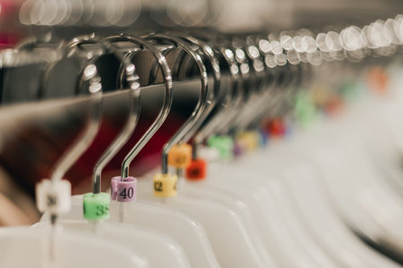 Colorful numbered tags on white hangers are arranged on a metal rack in a retail store, with a blurred background emphasizing the organizationの写真素材