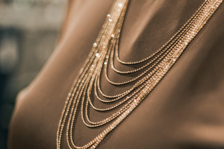 Close-up view of multiple gold necklaces resting on a brown fabric surface, highlighting the intricate design and shimmering details of the jewelryの写真素材