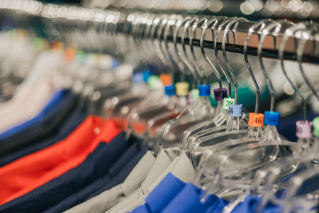 Various shirts displayed on hangers in a clothing store, showcasing a range of colors and styles, with price tags attached for customer convenienceの写真素材