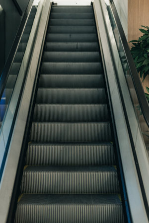 Gray escalator steps ascend in a contemporary indoor space, featuring glass railings and a backdrop of greenery and wooden wall elementsの写真素材