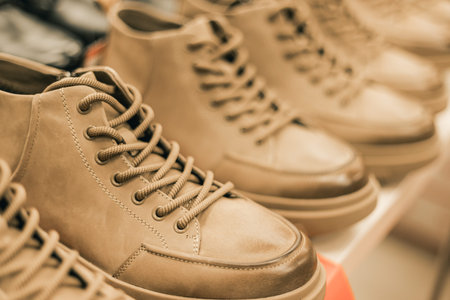 Close-up of beige sneakers with laces arranged in a retail setting, highlighting the modern design and quality materials used in footwear productionの写真素材