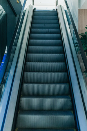 Gray escalator steps ascend in a contemporary indoor space, featuring glass side panels and subtle greenery visible in the backgroundの写真素材