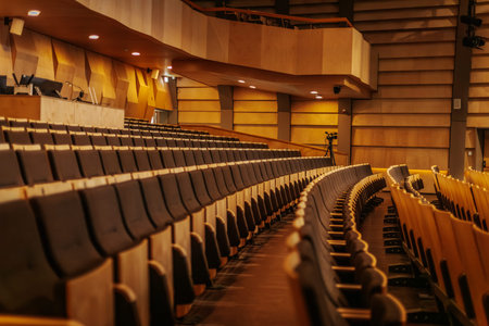 Modern auditorium interior showcasing empty wooden seats arranged in a curved formation, with warm...