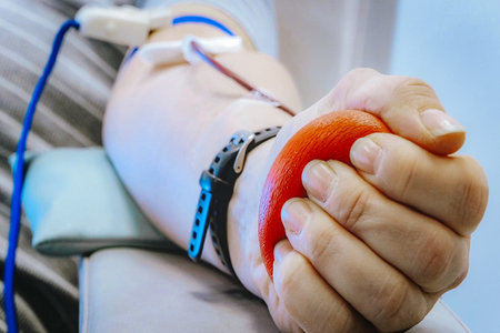 Close-up view of a hand holding a stress ball during a blood donation, featuring an IV line and medical equipment in the backgroundの写真素材