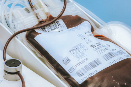 Blood bag with clear medical labeling and connected tubing positioned on a sterile surface, highlighting its use in blood transfusion processesのeditorial素材