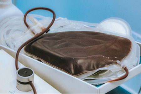 Blood bag containing brown liquid and attached tubing rests on a medical tray, with various medical...