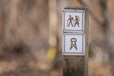 Trail sign on a wooden post shows symbols for hiking and a lookout tower in a natural outdoor...