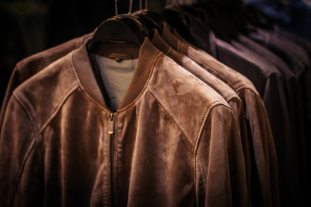 Brown suede bomber jackets are arranged on hangers in a retail store, highlighting their textures and colors against a blurred backdrop of other garments