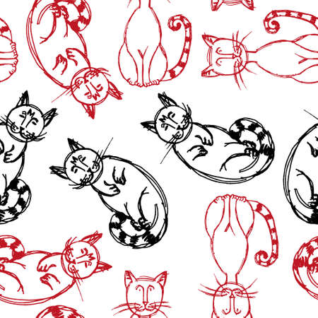 Funny pattern with cats drawn in red and black on a white background.のイラスト素材