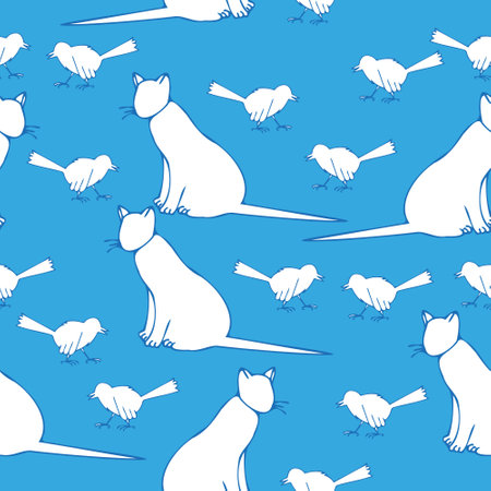 Seamless pattern with cats and birdies on a light blue background. Creative childish texture.のイラスト素材
