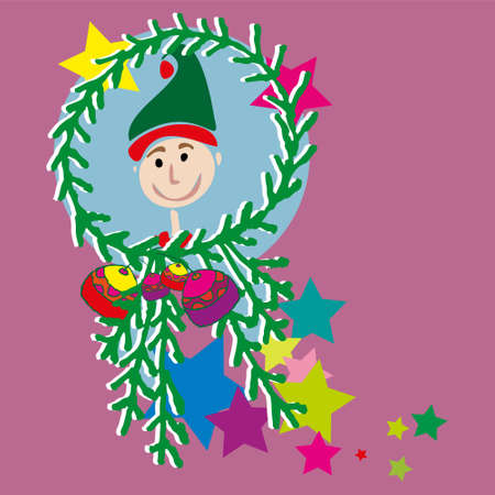 Christmas frame with elf. Cheerful illustration for invitation, card.のイラスト素材