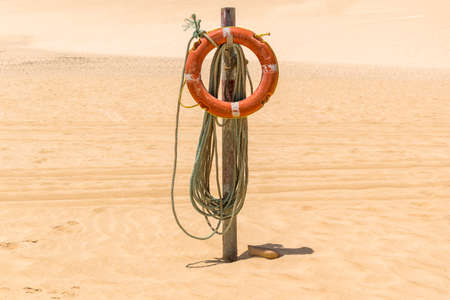 Lifebuoy with rope hanging on a wood pile on a golden european beach.