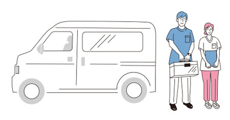 Home-visit doctors and nurses / Caregivers / Helpers / House calls / Home care / Dental hygienists / Dentistsのイラスト素材