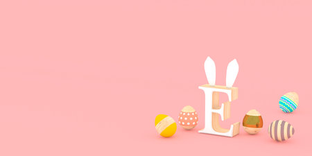 Wooden Easter eggs with the letter E of the alphabet, rabbit earsの写真素材