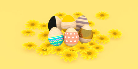 Wooden colorful pattern Easter egg Margaret flowersの写真素材