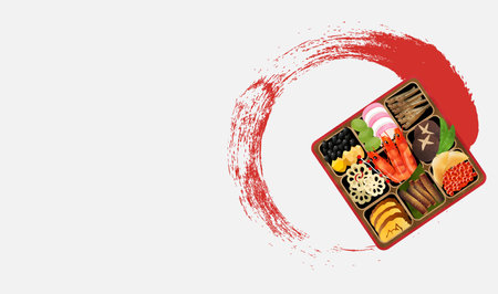 Traditional dishes for the Japan New Year / Watercolor effect / Japanese illustration of osechi cuisine / New Year's cardの写真素材