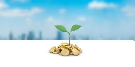 Image of growing and increasing assets through asset management and real estate investment / Wakaba growing from a mountain of gold coinsの写真素材