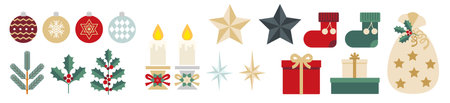 Christmas gifts, Christmas decorations, Christmas trees, ornaments, illustrations of reindeer, holly, fir treesのイラスト素材
