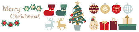 Christmas gifts, Christmas decorations, Christmas trees, ornaments, illustrations of reindeer, holly, fir treesのイラスト素材