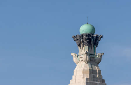 The top of the monument War Memorials standing on Plymouth Hoe in UK against the blue, clear sky.のeditorial素材