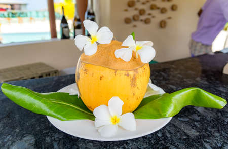 Decorated yellow coconut standing on a counter of a pool bar in a resort in Maldives.