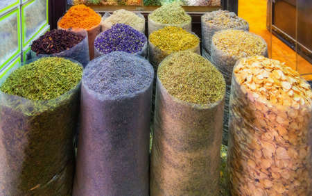 Spices and herbs put up for sale at one of the stands at the Dubai market.